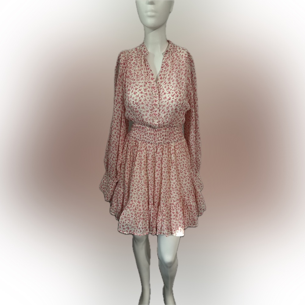 byTIMO Floral Long‎ Sleeve Smocked Waist Flowy Mini Dress Pink Size XXS